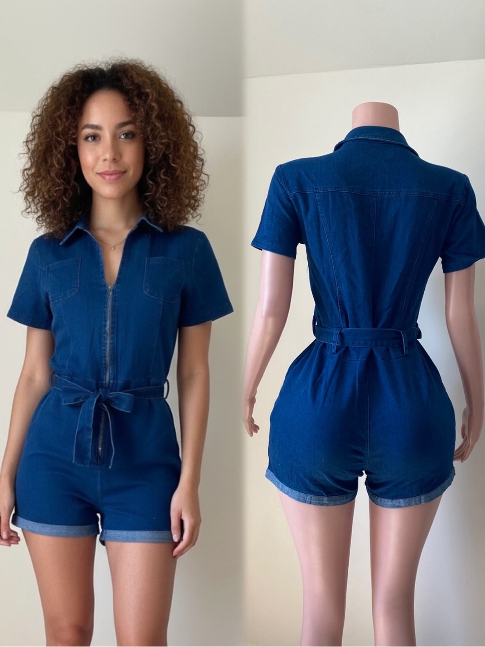 Denim Short-Sleeve Romper - Dark Blue